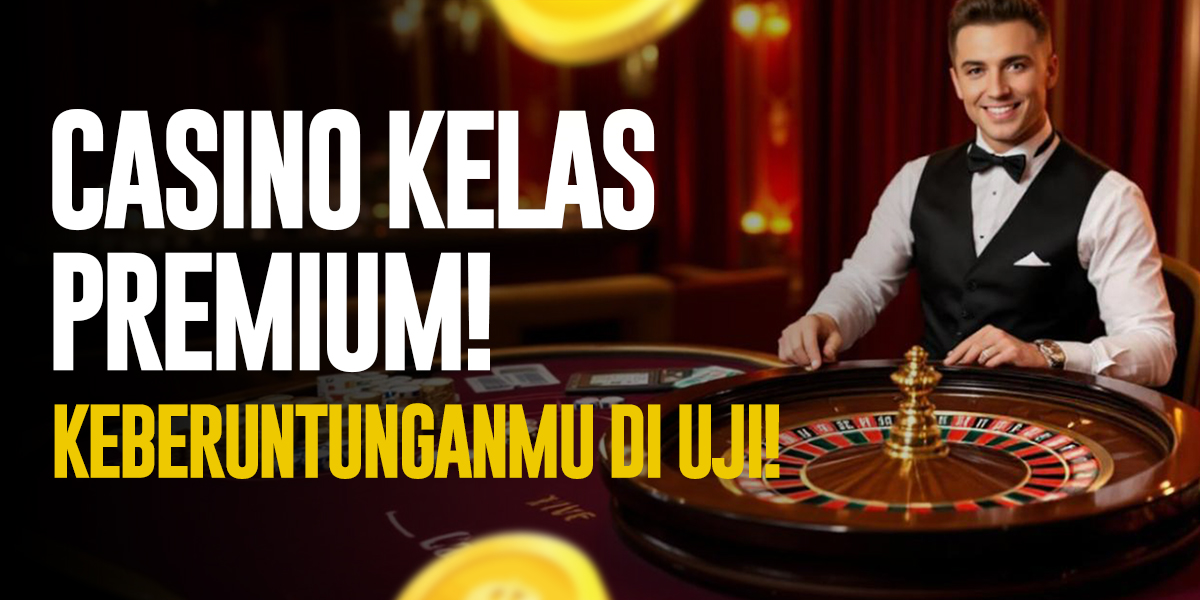 Seorang pria muda berpakaian formal duduk di meja roulette, tersenyum percaya diri di kasino berkelas dengan pencahayaan emas mewah.